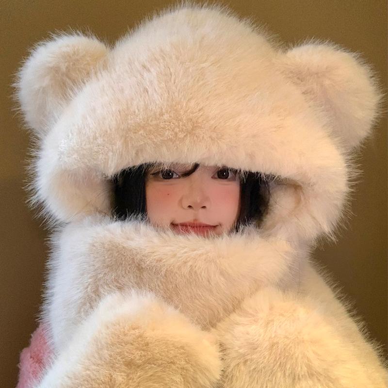 可爱小熊耳朵帽子围巾一体女冬季