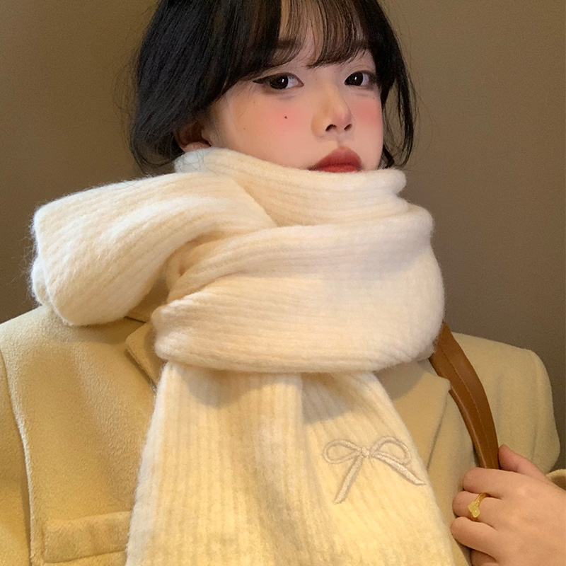 含羊毛蝴蝶结白色针织围巾女冬季2025新款韩系氛围感加厚保暖围脖