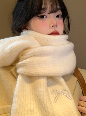 含羊毛蝴蝶结白色针织围巾女冬季2025新款韩系氛围感加厚保暖围脖