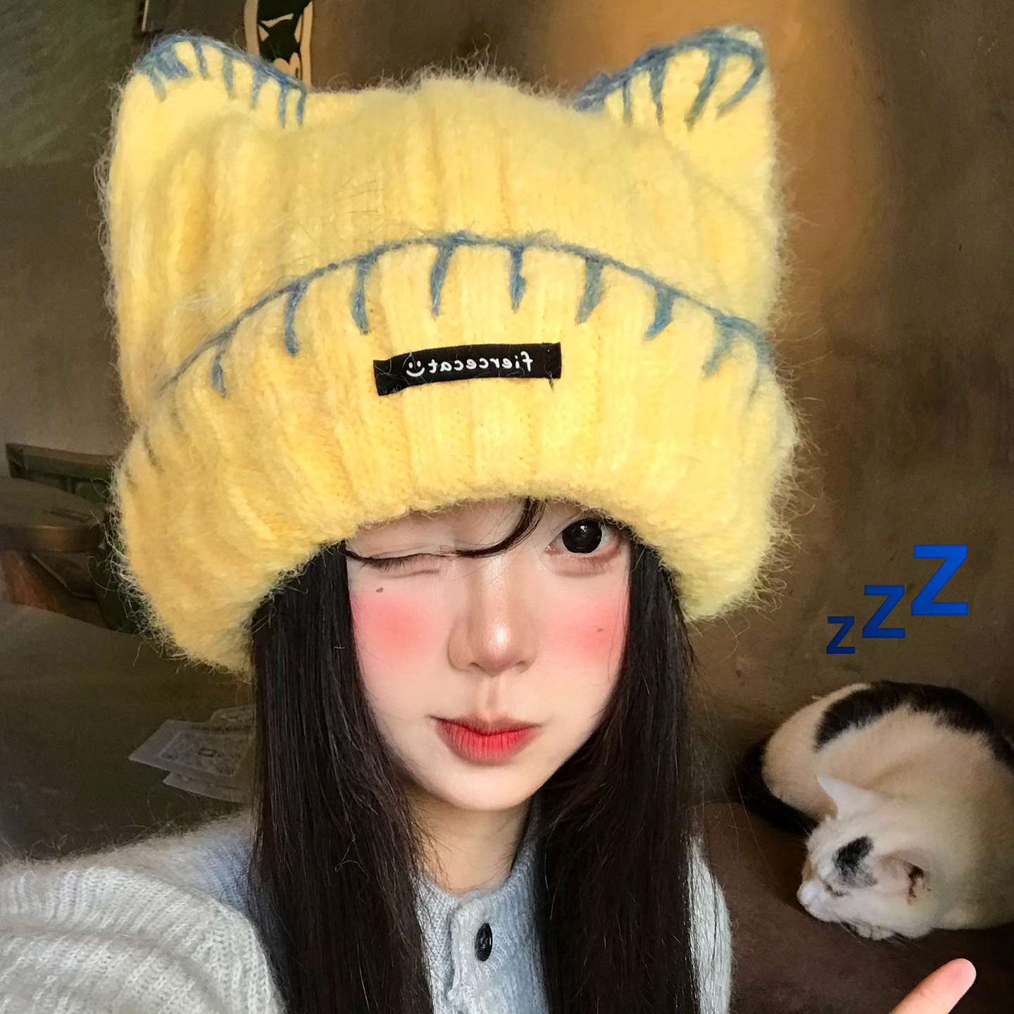 黄色猫耳朵针织帽女秋冬可爱甜美显脸小毛线帽大头围保暖护耳帽子