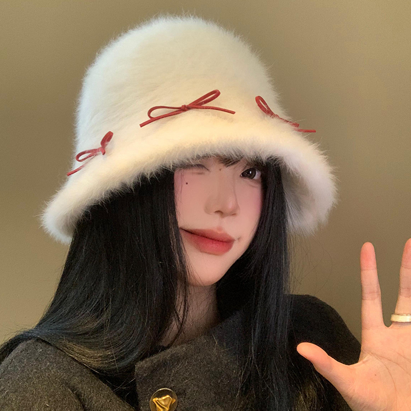 兔毛蝴蝶结毛绒渔夫帽女秋冬季大头围显脸小白色水桶帽保暖帽子潮