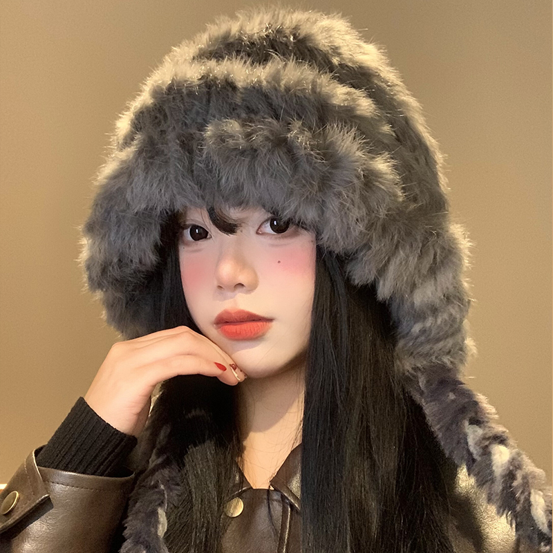兔毛混纺毛绒护耳帽子女秋冬季