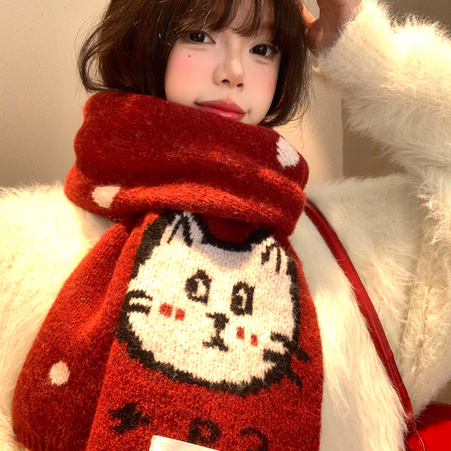 可爱猫咪红色针织围巾女冬季2025新款韩系氛围感保暖防寒护颈围脖,服饰配件/皮带/帽子/围巾,围巾/丝巾/披肩,淘宝优惠券,粉丝福利购,淘宝优惠卷