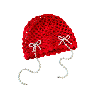 韩系珍珠蝴蝶结红色包头帽女复古镂空套头帽大头围显脸小针织帽子