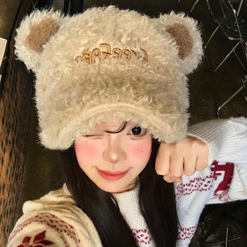 可爱羊羔毛绒小熊耳朵鸭舌帽女冬