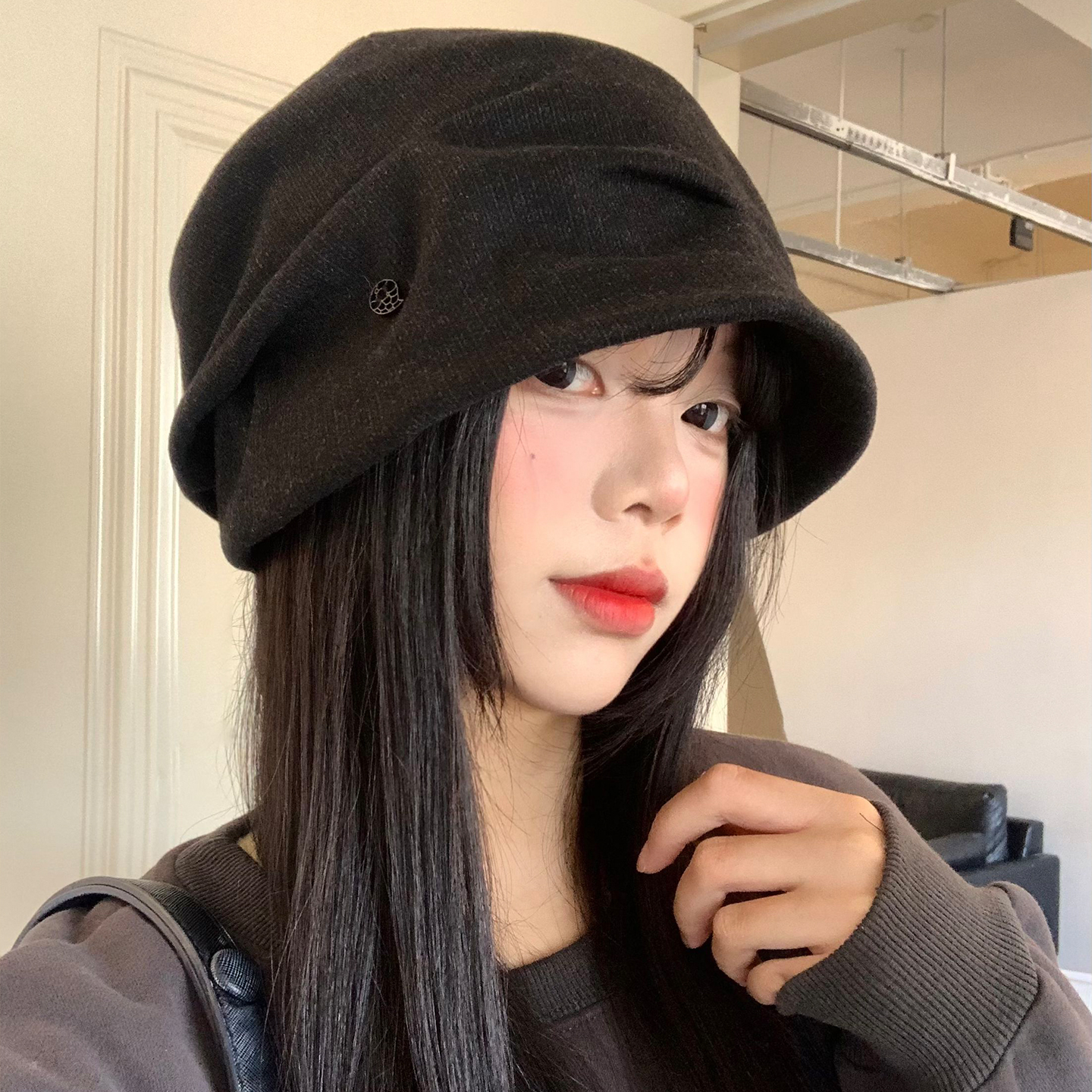黑色褶皱堆堆帽女秋冬季日系百搭