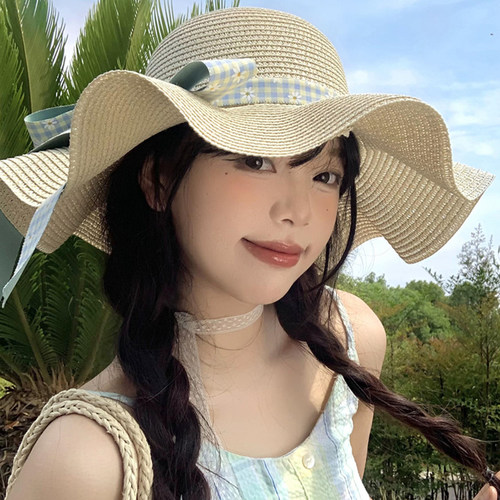 波浪边蝴蝶结编织草帽大帽檐海边
