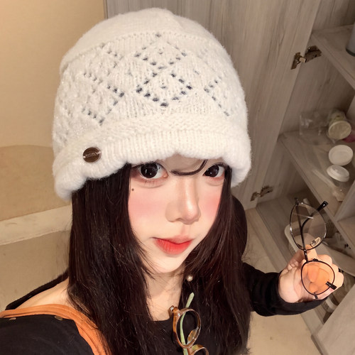 菱格花边针织帽女秋冬韩版显脸小