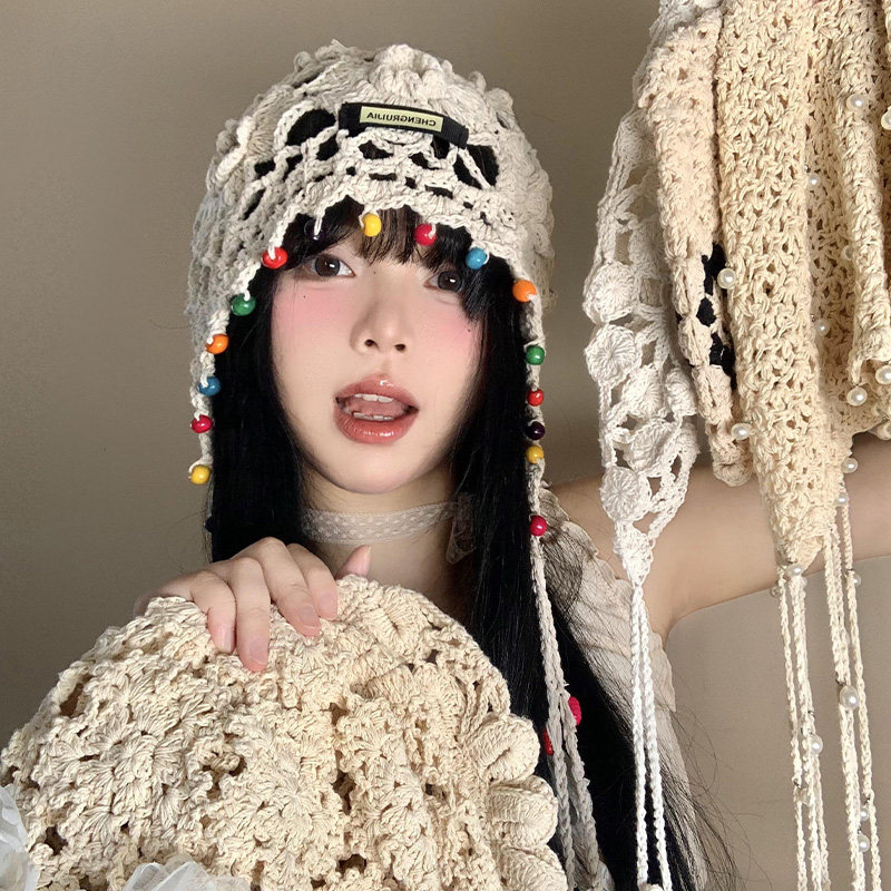 波西米亚花朵流苏包头帽女夏季彩色镂空套头帽复古民族风编织帽子