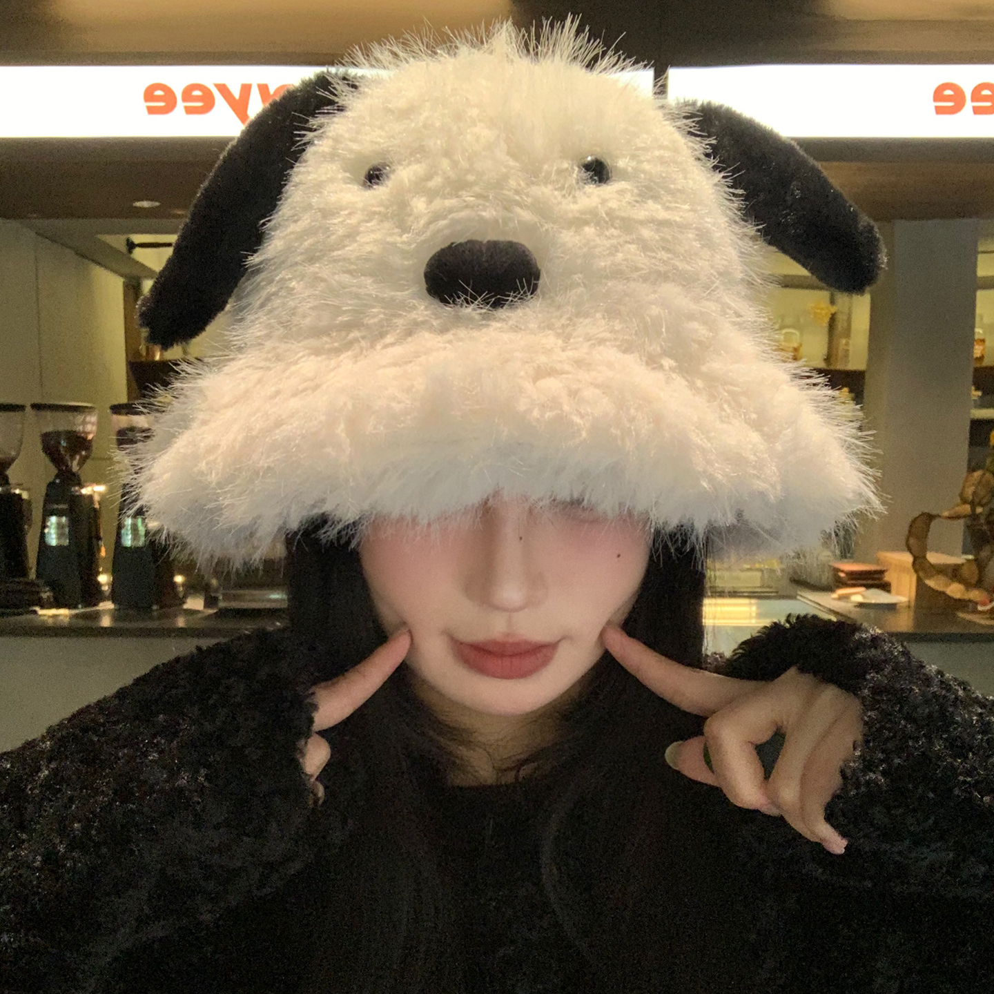 可爱小狗耳朵毛绒渔夫帽女冬季