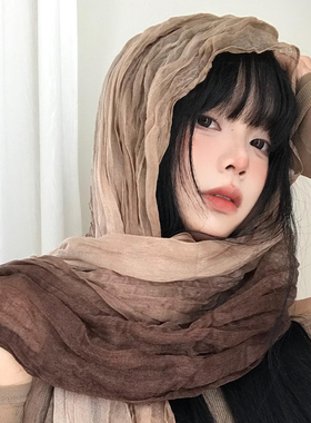 民族风围巾废土风亚麻褶皱渐变头巾沙漠丝巾凹造型辣妹围脖披肩潮