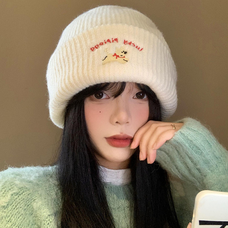 可爱小狗刺绣针织毛线帽女冬季图片