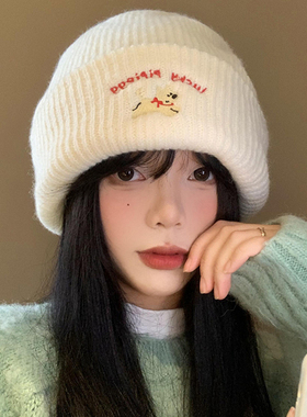 可爱小狗刺绣针织毛线帽女冬季