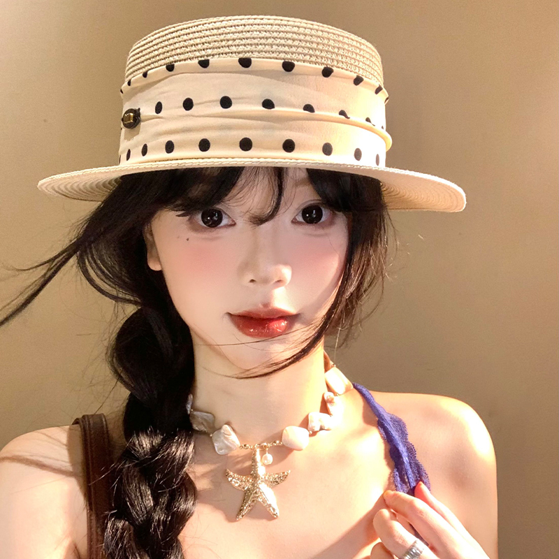 法式复古波点平顶草帽女夏季海边