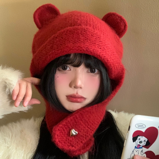 可爱小熊耳朵针织毛线帽女秋冬季 红色保暖护耳帽子显脸小雷锋帽潮