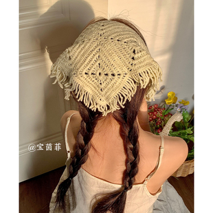 甜美田园风头巾法式 流苏镂空针织三角巾女春夏季 海边度假包头发带