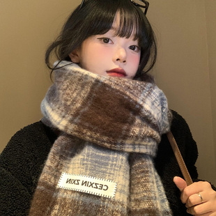 氛围感美拉德格子围巾女冬季2025新款韩系高级感加厚保暖围脖学生