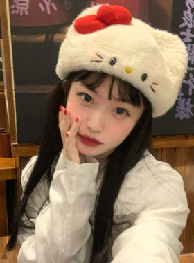 可爱kitty猫咪毛绒贝雷帽
