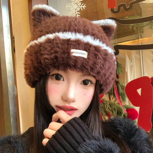 可爱猫耳朵毛绒针织帽冬季显脸小