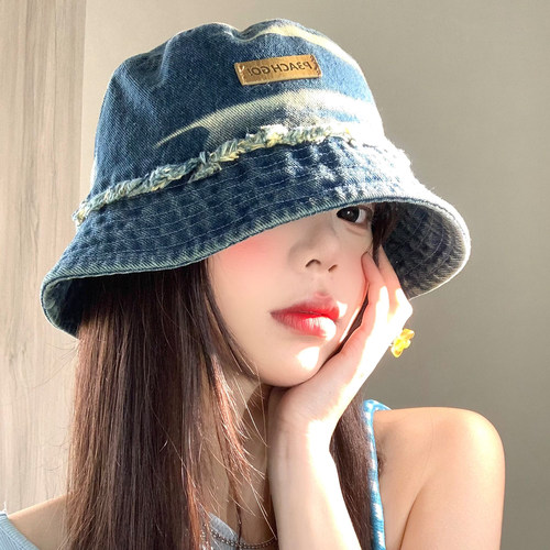 水洗做旧牛仔渔夫帽女夏季大头围