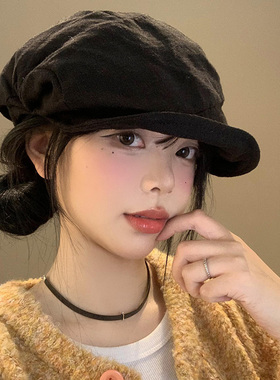 秋冬新款褶皱云朵贝雷帽女秋季大头围黑色画家帽显脸小八0905z