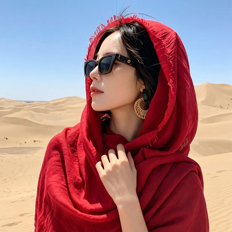 红色头巾女夏季沙漠旅游披肩围巾大西北茶卡盐湖丝巾薄款棉麻纱巾图片