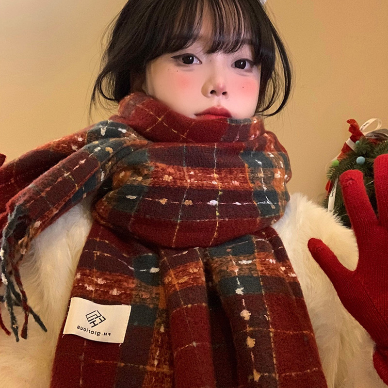 红色格子流苏围巾女冬季韩系氛围感加厚保暖新年圣诞围脖学生披肩