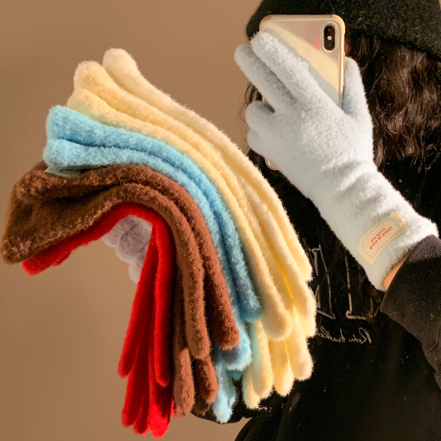 纯色软糯毛绒针织手套女冬季露指可触屏分指五指加厚保暖防寒防冻