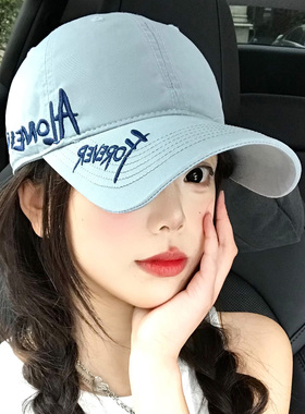 字母刺绣蓝色棒球帽女美式宽帽檐显脸小休闲百搭软顶遮阳鸭舌帽子