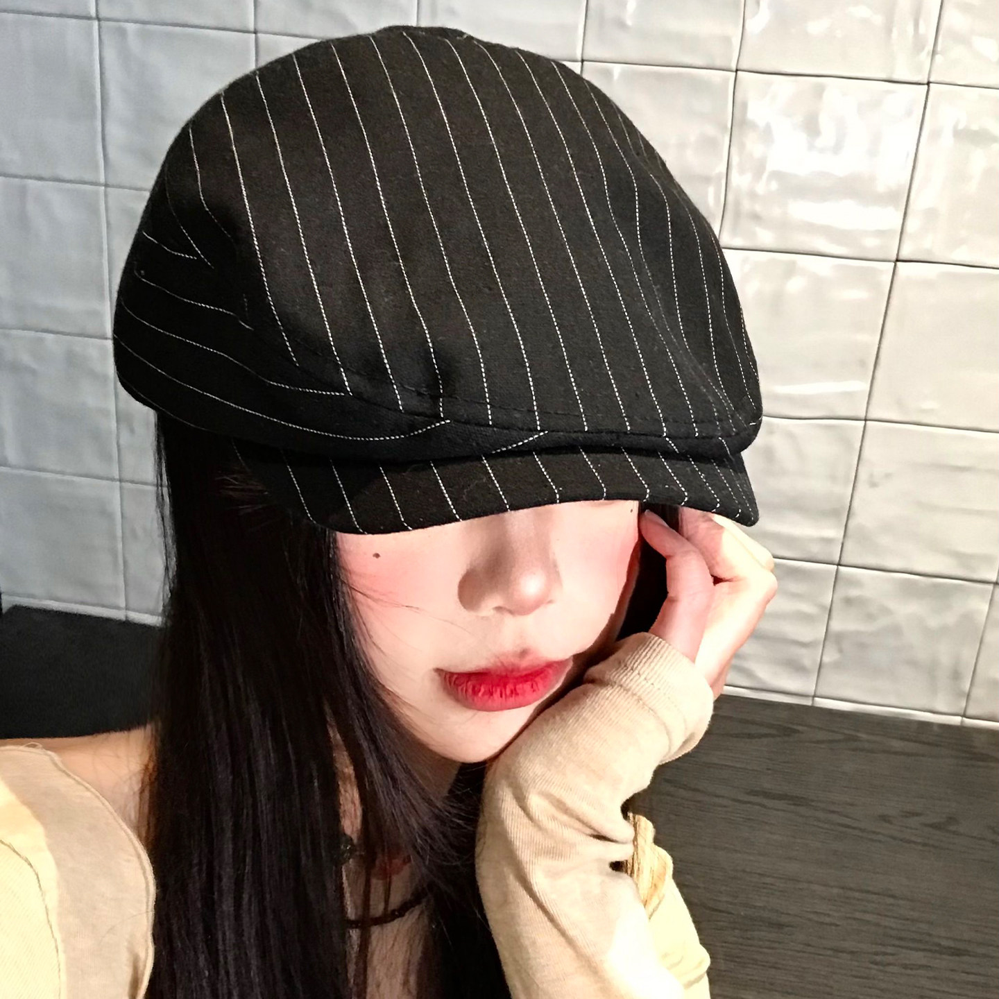 条纹黑色前进帽女日系显脸小反戴贝雷帽大头围文艺复古画家帽子潮,服饰配件/皮带/帽子/围巾,帽子,淘宝优惠券,粉丝福利购,淘宝优惠卷