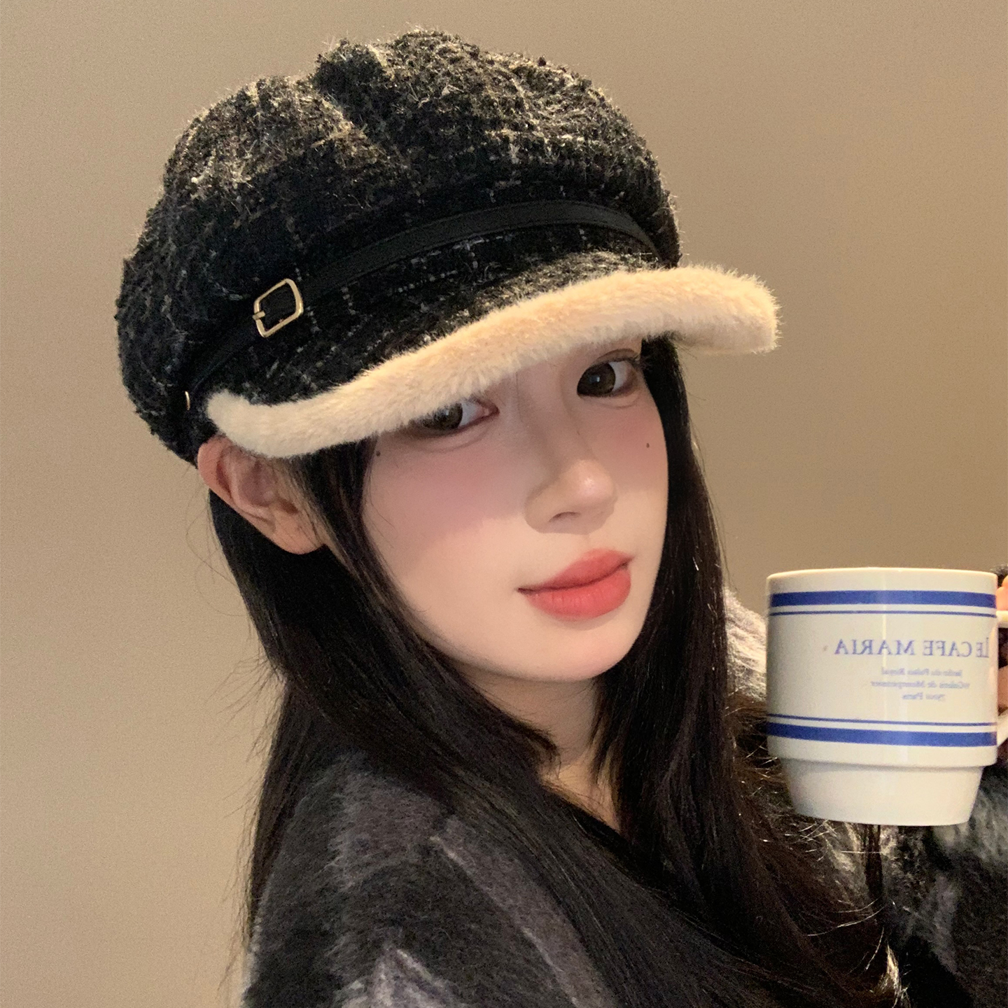 小香风毛绒贝雷帽女秋冬复古显脸小百搭八角帽大头围保暖画家帽子