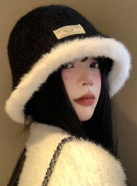 黑色毛绒渔夫帽女秋冬季2025新款显脸小水桶帽韩版百搭保暖帽子潮