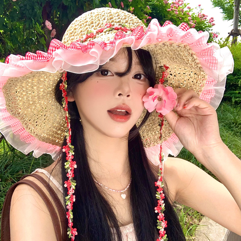 格纹蕾丝边花朵草帽女夏季大帽檐