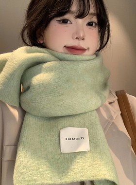 含羊毛绿色针织围巾女冬季