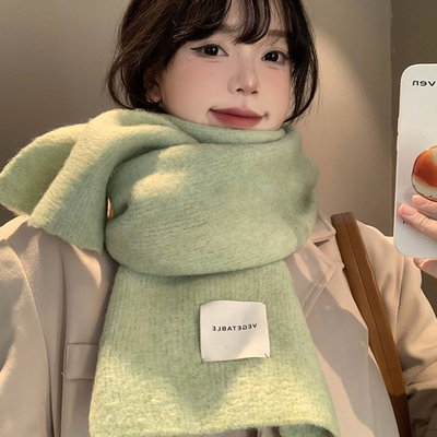 含羊毛绿色针织围巾女冬季