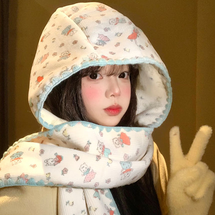 可爱兔子双面帽子围巾一体女秋冬季连帽围脖保暖防寒巴拉克拉法帽
