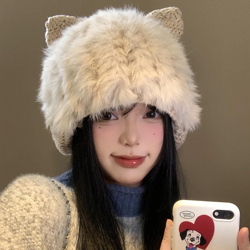猫耳朵兔毛毛绒帽女秋冬季