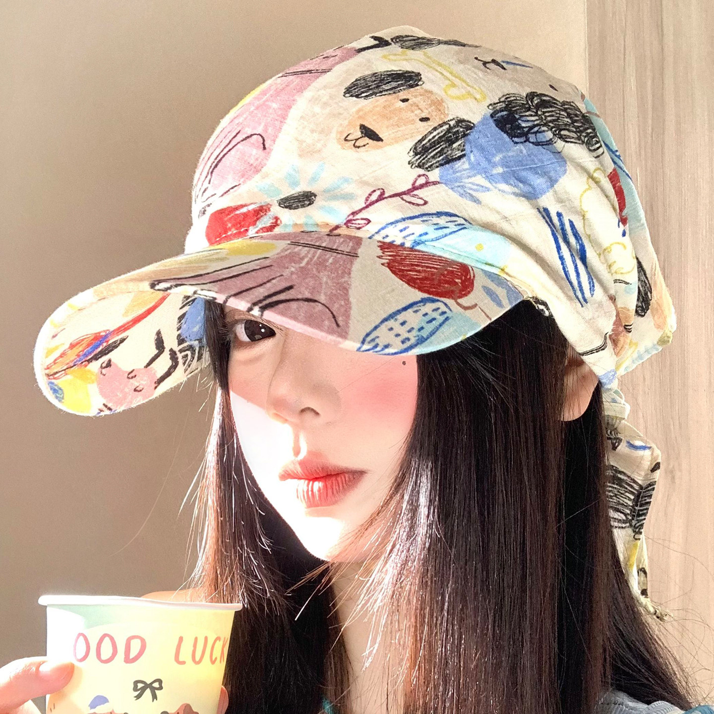 多巴胺彩色涂鸦头巾帽子女夏季时髦小众绑带鸭舌帽街头拍照显脸小