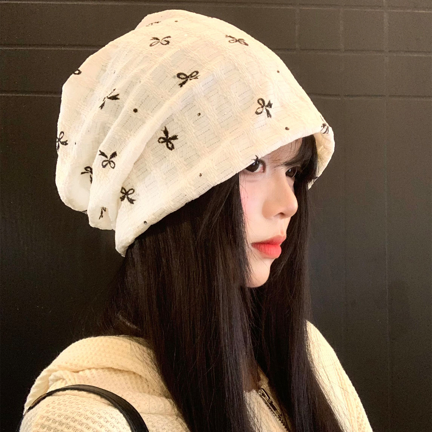 波点蝴蝶结堆堆帽女薄款韩版显脸小百搭包头帽宽松大头围冷帽子潮