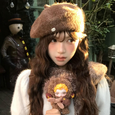 咖色毛呢贝雷帽女秋冬季文艺复古