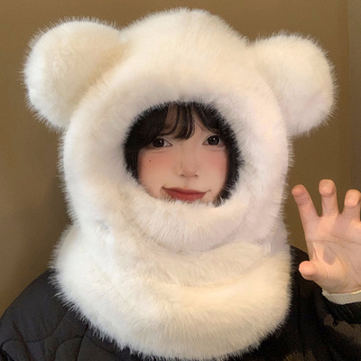 小熊耳朵毛绒帽子口罩围巾一体