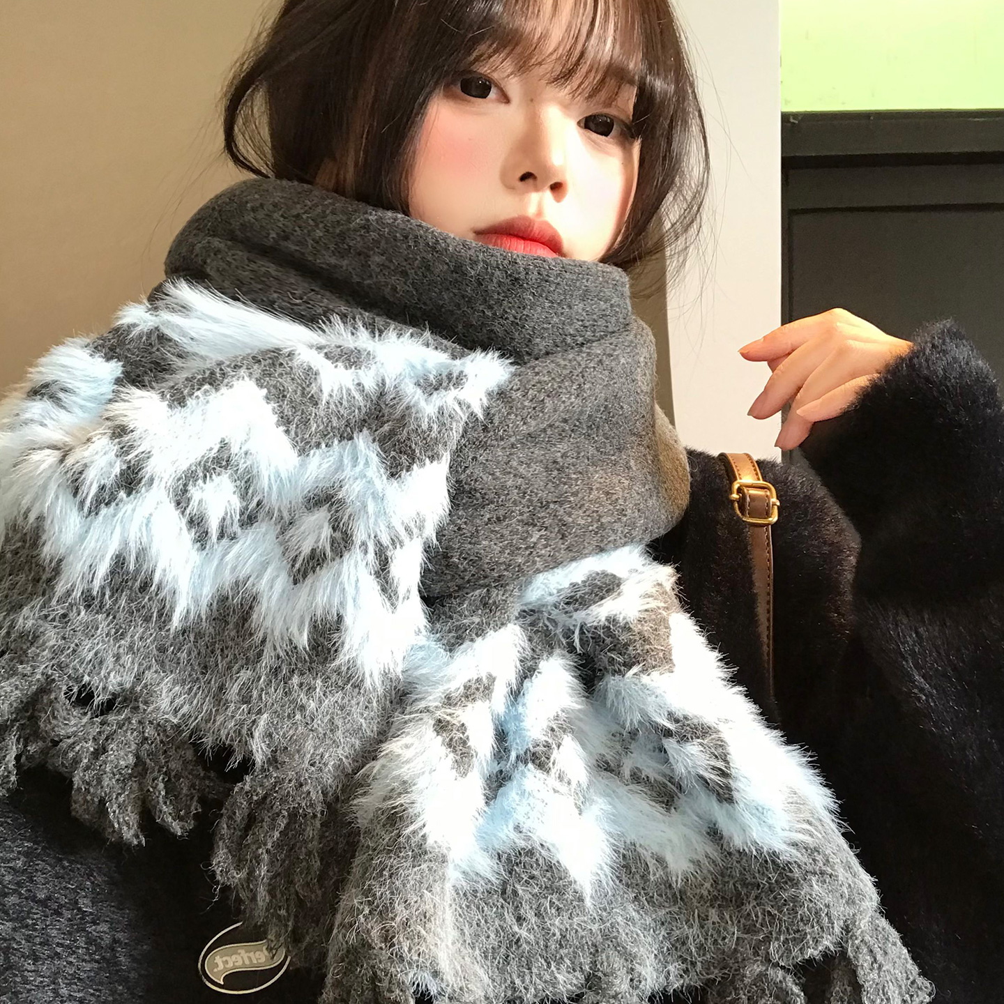 费尔岛风菱格毛绒针织围巾女加厚