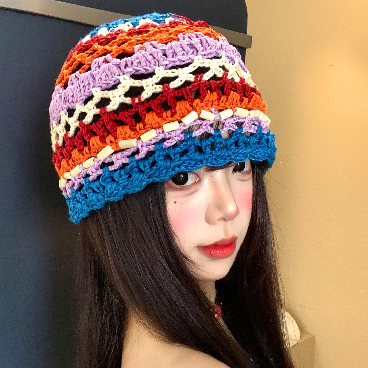 多巴胺彩色镂空针织帽女春秋季韩版显脸小包头帽出游套头毛线帽子