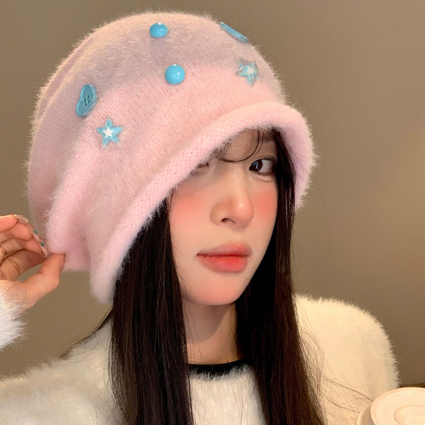 纽扣毛绒针织堆堆帽女秋冬韩版显脸小包头帽宽松大头围粉色冷帽子