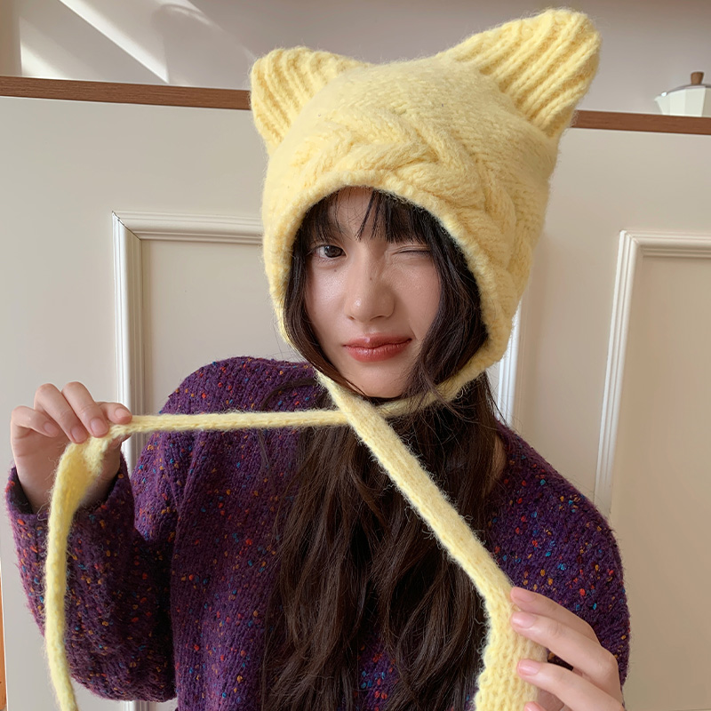 可爱猫耳朵针织护耳帽秋冬显脸小