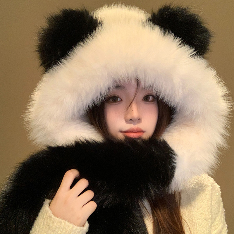 可爱熊猫耳朵帽子围巾一体