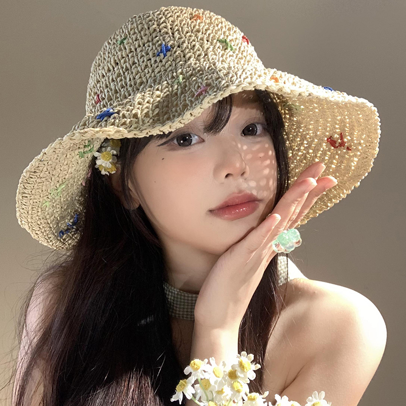彩色编织草帽法式海边沙滩度假