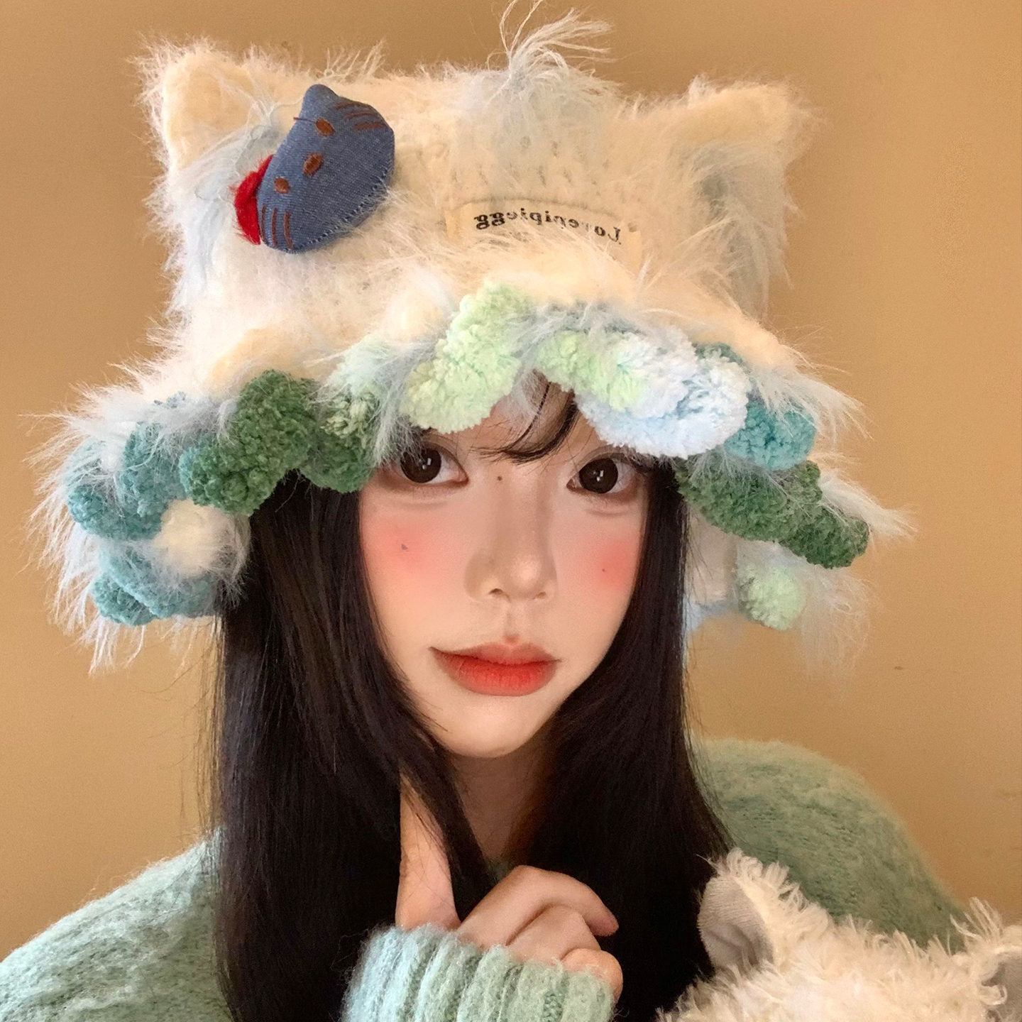 可爱Kitty猫耳朵毛绒针织帽保暖
