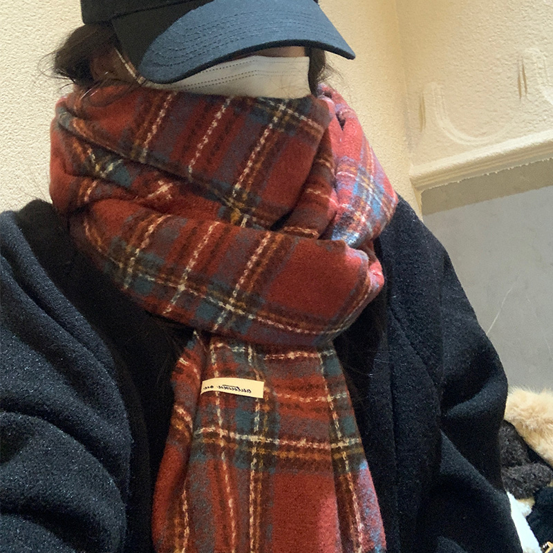 高级感红色格子围巾女秋冬季百搭