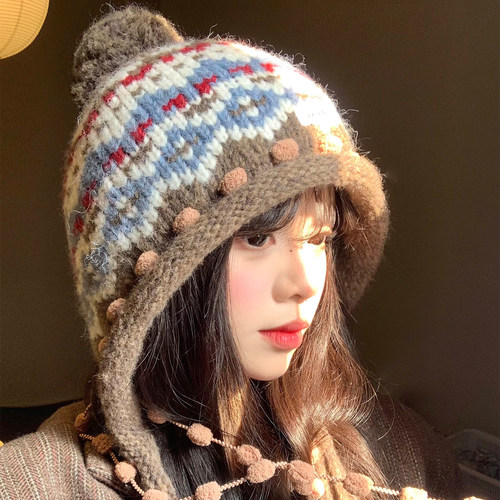 费尔岛流苏针织护耳帽女冬季保暖